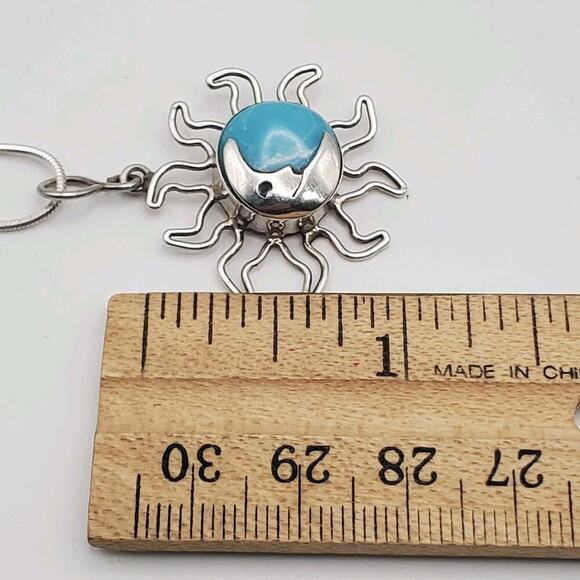 Sterling Silver Larimar Sun Moon Pendant 23" Snake Chain Necklace Made in Mexico - Picture 10 of 12